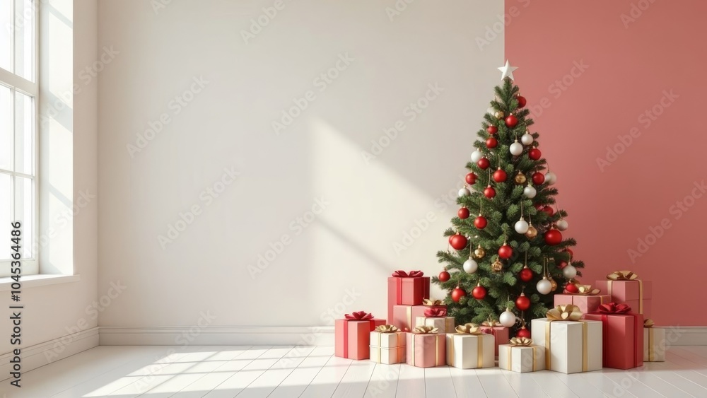 A festive Christmas tree with red and gold ornaments surrounded by wrapped gifts in a modern room with copy space. Christmas time concept A festive Christmas tree with red and gold ornaments surrounded by wrapped gifts in a modern room with copy space. Christmas time concept