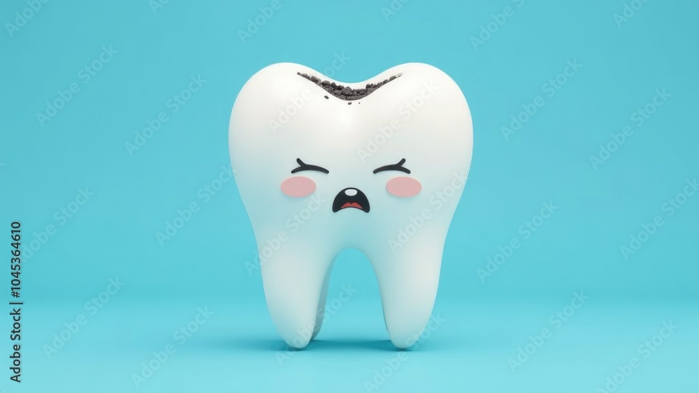 A cartoon tooth with a cavity looks worried on a blue background. Concept of dental health. A cartoon tooth with a cavity looks worried on a blue background. Concept of dental health.