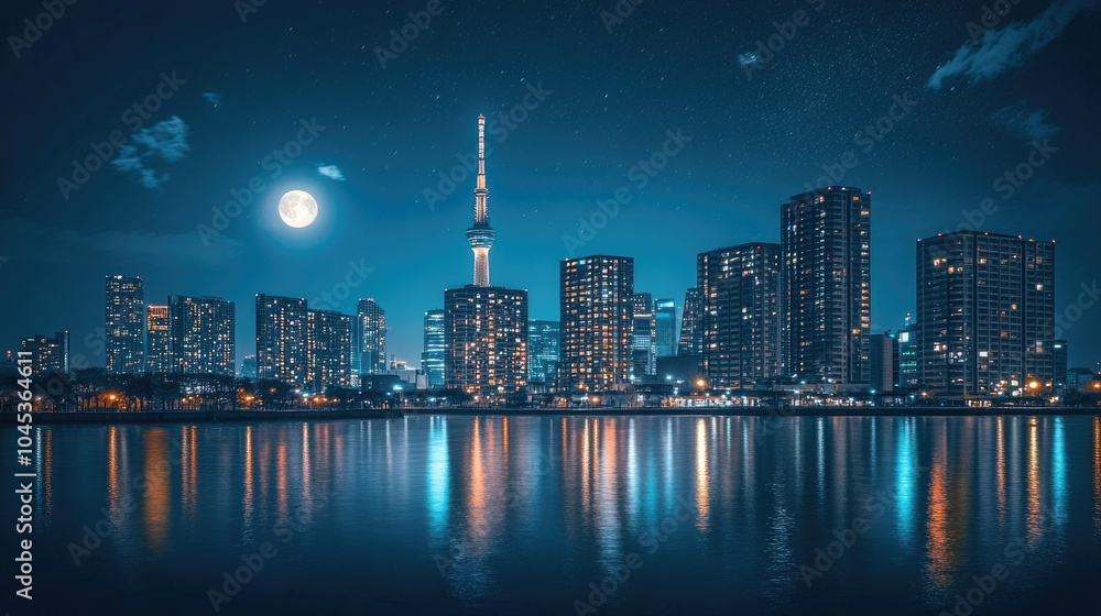 Fototapeta premium A sleek, modern cityscape at night, with architectural highlights glowing in the skyline under the moonlit sky.