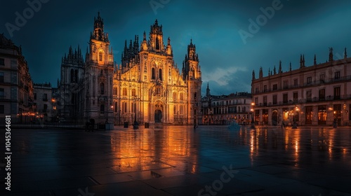 Beautifully illuminated gothic-style building at night, casting soft reflections onto the nearby plaza.