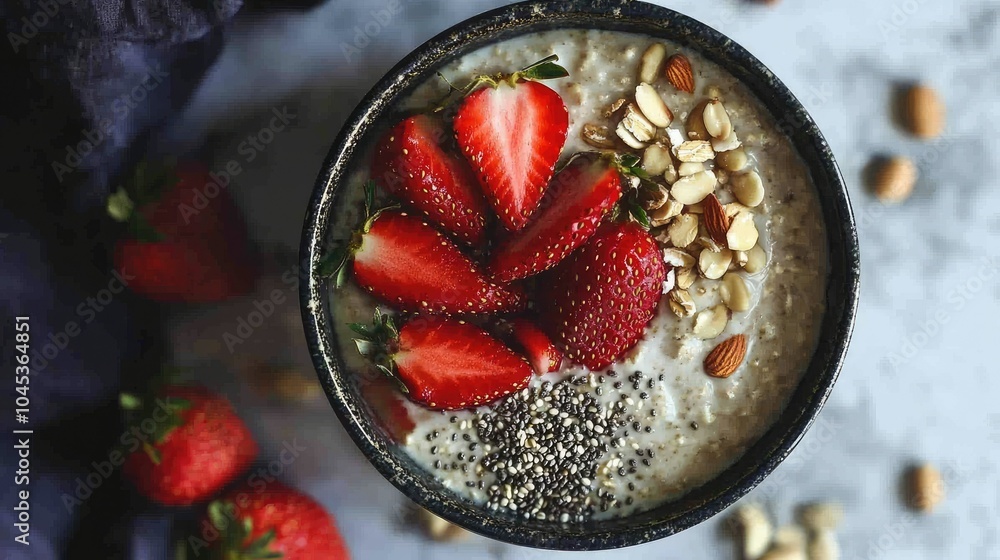 Fresh strawberries topping a bowl of vegan oats and almond milk, surrounded by scattered nuts and seeds, in an overhead shot.