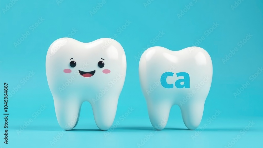 A happy cartoon tooth stands next to another tooth with A happy cartoon tooth stands next to another tooth with