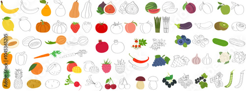 Set of fruits, vegetables and berries with vitamin C - flat vector illustration. Cartoon template for children's educational coloring books and packaging for juices and diet food.