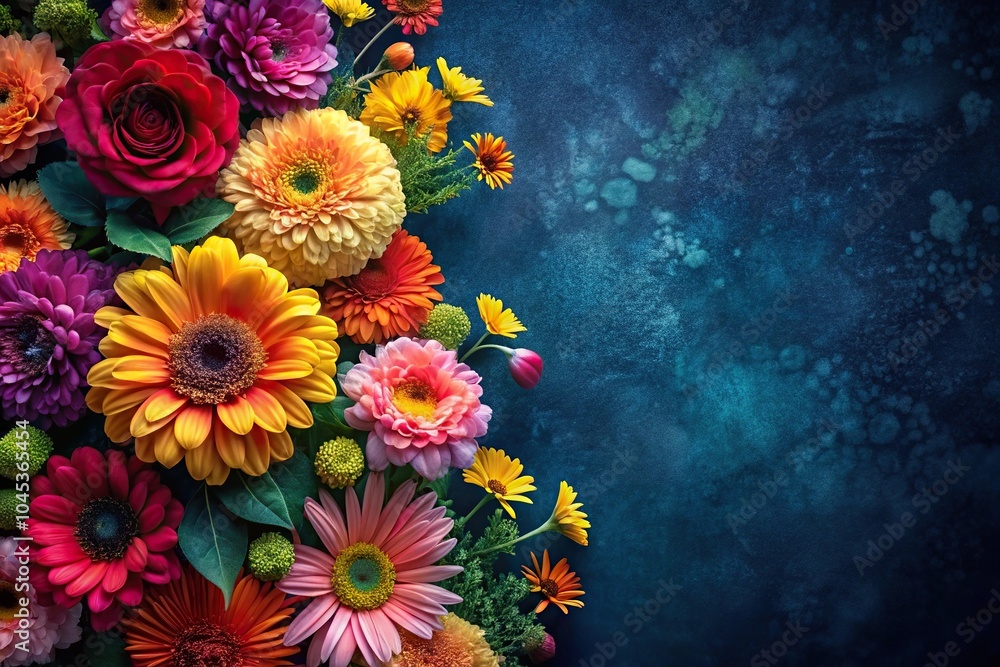 Close-Up Colorful Flowers on dark navy blue floral background Floral wallpaper Floral pattern Close-Up Colorful Flowers on dark navy blue floral background Floral wallpaper Floral pattern