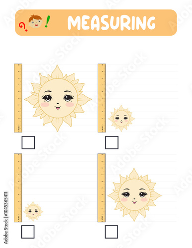 Measuring length  with ruler. Education developing worksheet. practice sheets.A sun measurement in inches.