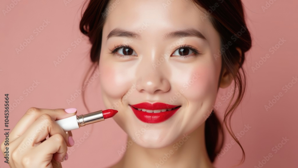 A young Asian woman with rosy cheeks smiles as she applies bright red lipstick against a pale pink background.
A young Asian woman with rosy cheeks smiles as she applies bright red lipstick against a pale pink background.