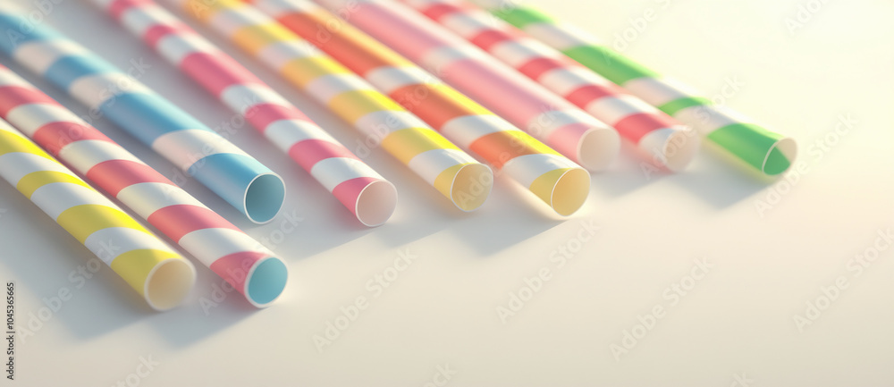 Striped drink straws. Suitable for marketing or business purposes. Panoramic banner with place for text Striped drink straws. Suitable for marketing or business purposes. Panoramic banner with place for text