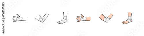 Bandaged body icons. Hand, elbow, and foot wrapped in bandages icon set.