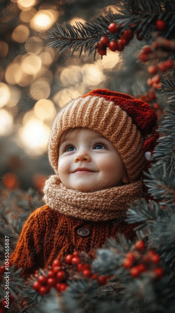 A smiling baby bundled up in cozy winter clothes, surrounded by festive greenery and red berries, capturing the joy and warmth of winter. A smiling baby bundled up in cozy winter clothes, surrounded by festive greenery and red berries, capturing the joy and warmth of winter.