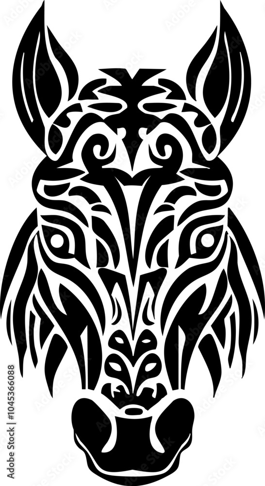Fototapeta premium Black silhouette of a horse head with a tribal design and clear outline. Symbolic of wildness and strength, it fits well with cultural and nature illustrations.