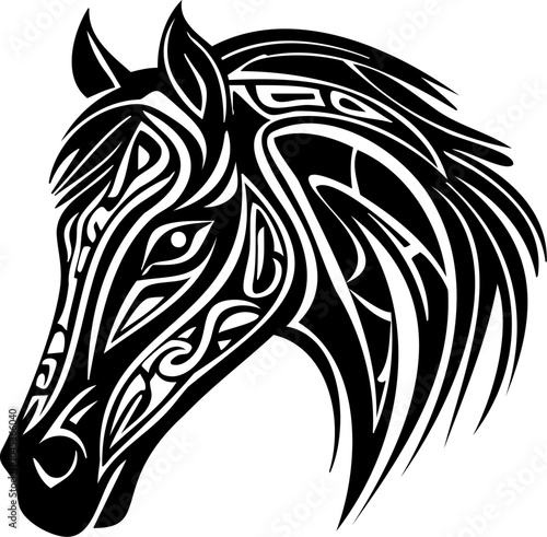 This abstract black silhouette of a horse head features tribal elements and a bold outline. Symbolic of freedom, it’s perfect for cultural or animal-inspired art.