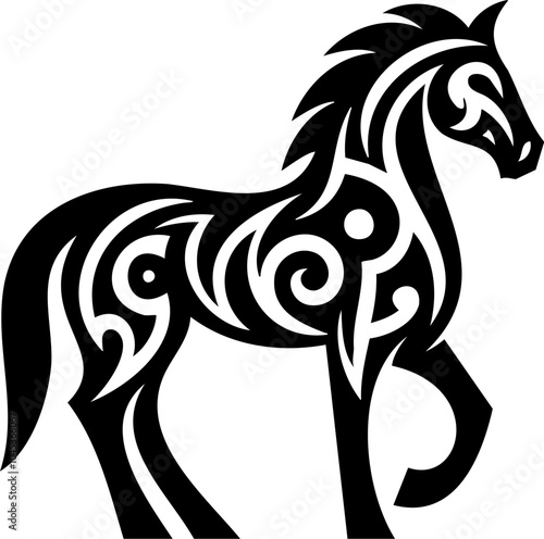 Bold black silhouette of a horse head in tribal style, with an outlined design. Symbolizing strength and freedom, this illustration suits cultural and nature themes.