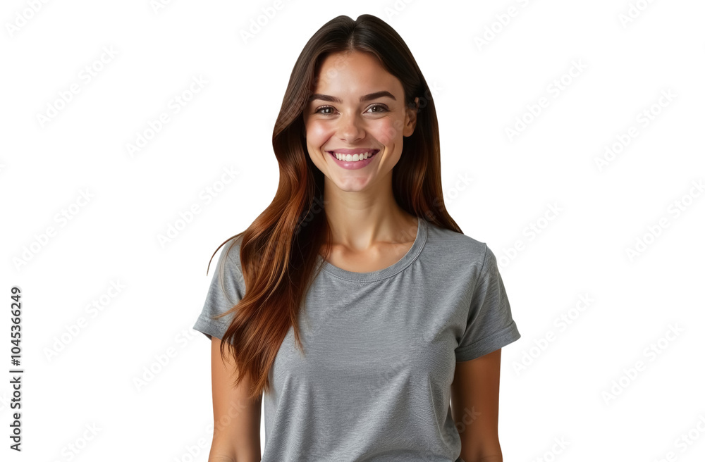 Young happy woman in a gray t-shirt. Isolated on a transparent background. Young happy woman in a gray t-shirt. Isolated on a transparent background.