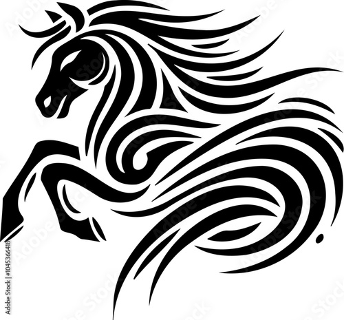 This abstract black silhouette of a horse head features a tribal design. Its bold outline symbolizes strength and power. Ideal for use in cultural and ethnic themes.