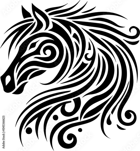 Wallpaper Mural A symbolic tribal horse head in black silhouette, outlined in bold lines. The minimalist design captures the wild essence of the horse. Ideal for tribal and cultural themes. Torontodigital.ca