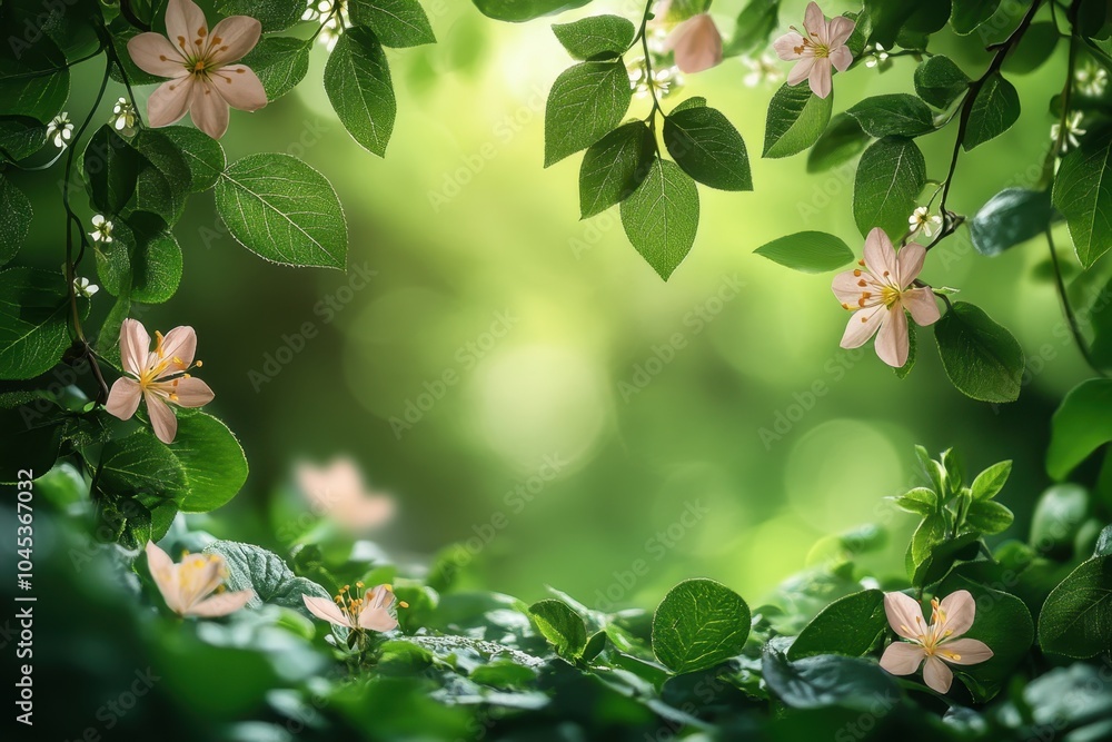 Fototapeta premium Delicate pink flowers blooming amidst vibrant green leaves in a serene garden setting
