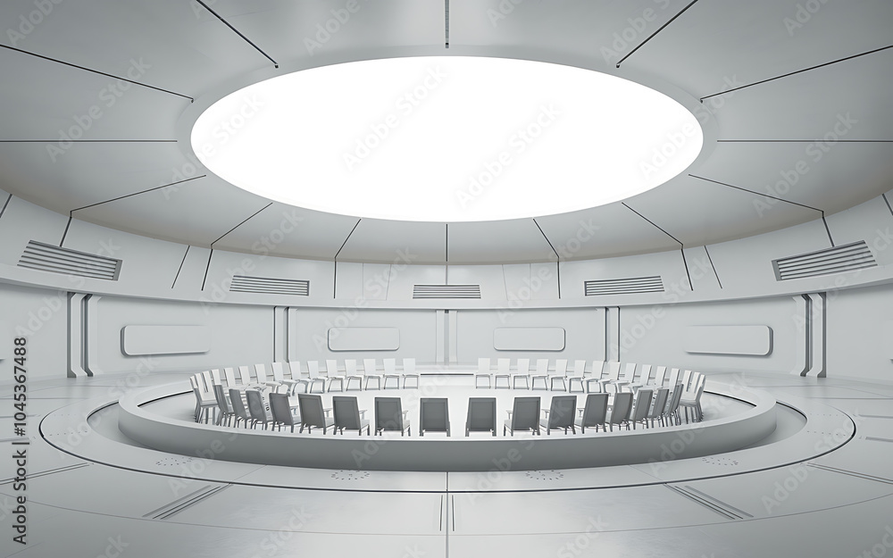 Fototapeta premium White futuristic conference room with chairs in a circle perfect for business and technology presentations 
