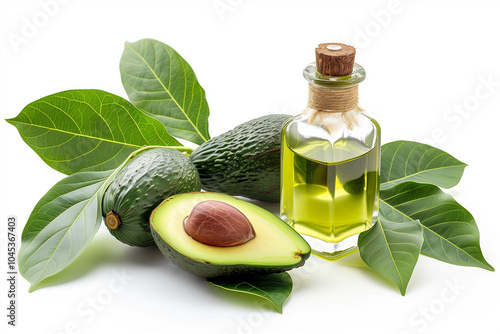 Avocado and leaf fruit in flat lay on white background.