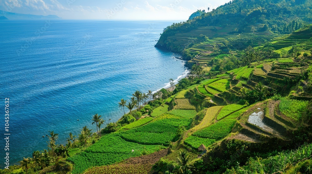 Scenic View of Terraced Hills and Coastline Scenic View of Terraced Hills and Coastline