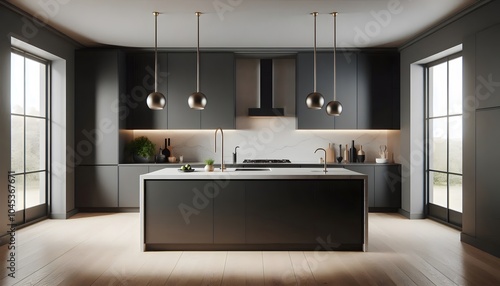 a kitchen with a large island and a window in it's center area, with a sink and refrigerator, Alesso Baldovinetti, light and space, unreal engine 5 highly rendered, a 3D render photo