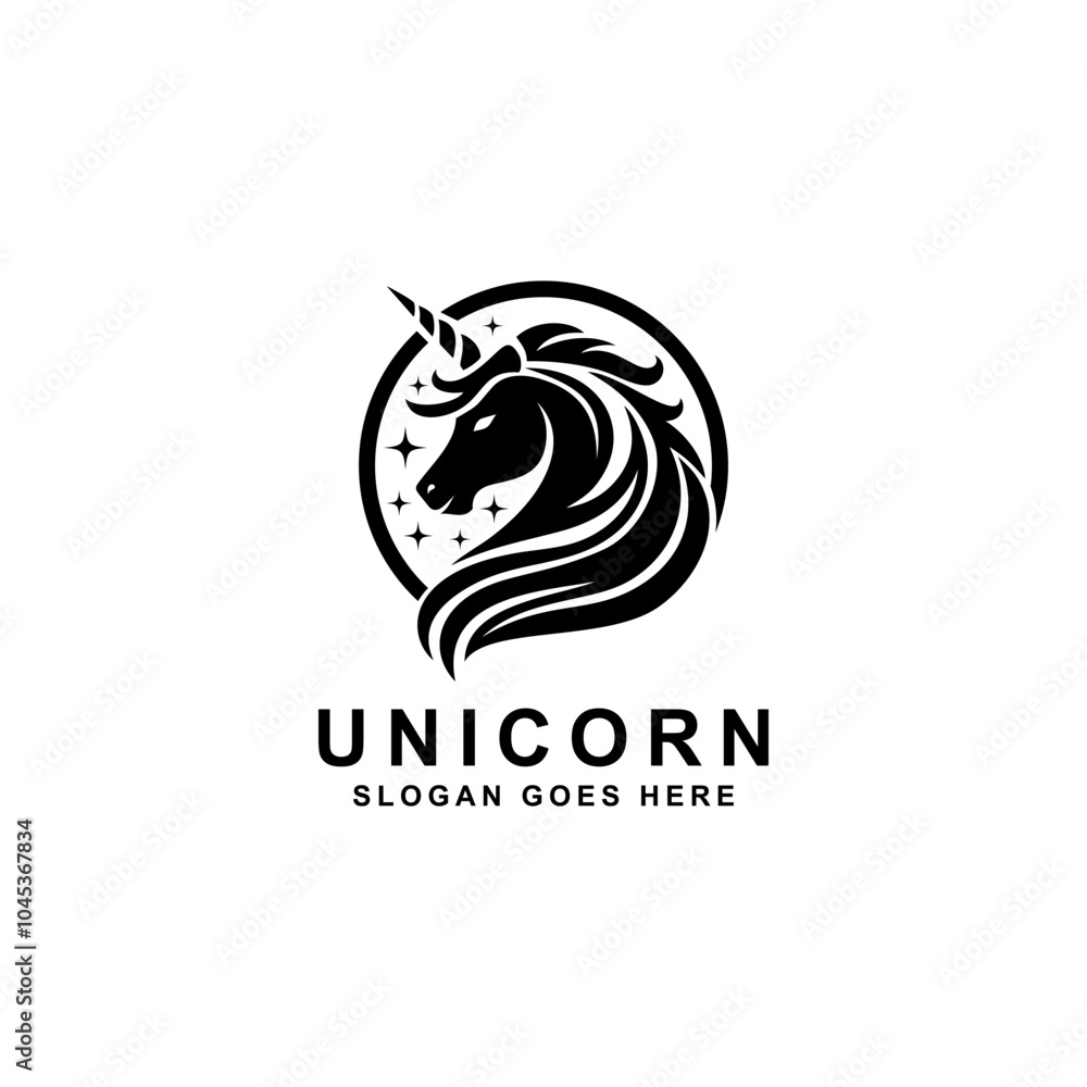Fototapeta premium Unicorn Logo Design Vector In Luxury Style. Pegasus Horse With Long Horn Symbolize Mythological Creature Unicorn Icon Design