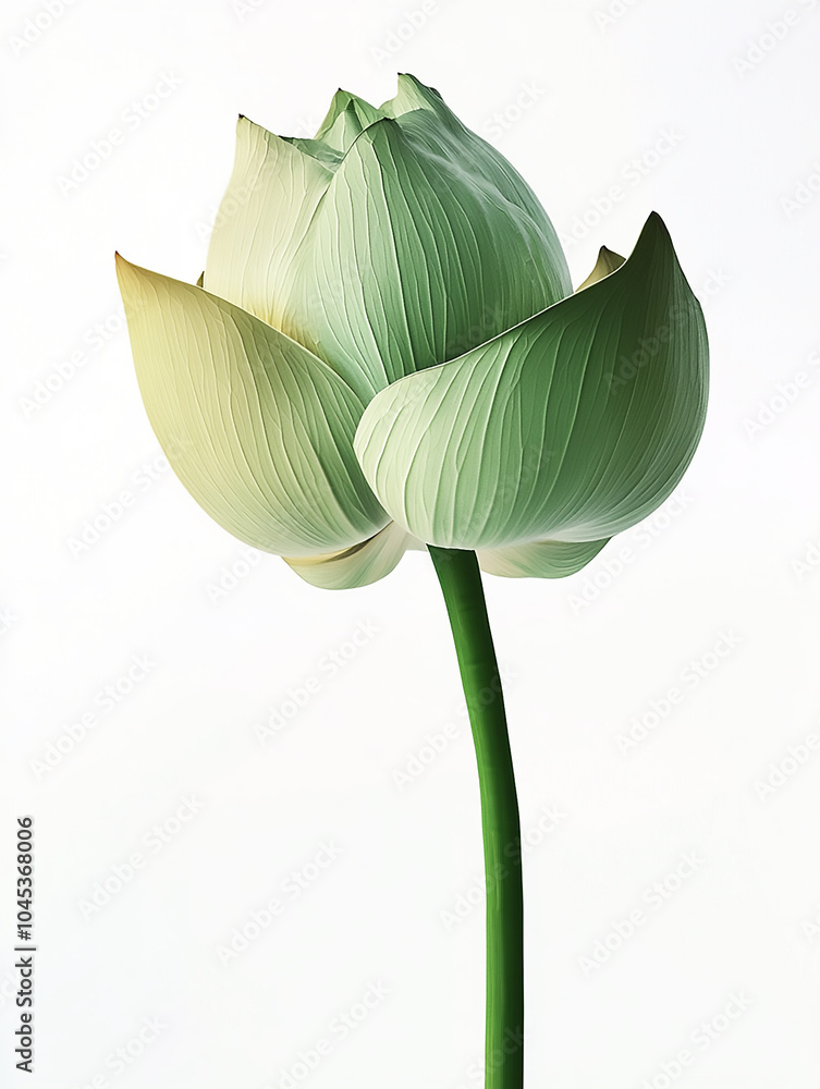 Obraz premium A large lotus bud is blooming against a gloomy white background. 