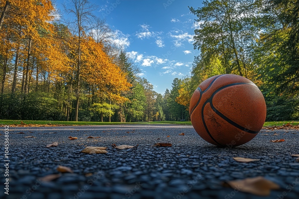 Basketball resting on the pavement surrounded by autumn foliage in a serene park setting Basketball resting on the pavement surrounded by autumn foliage in a serene park setting