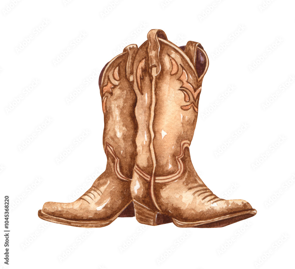 Watercolor cowboy boots. Hand painted rodeo theme design. Countryside living at Texas themed illustration. Leather ranch boots. Watercolor cowboy boots. Hand painted rodeo theme design. Countryside living at Texas themed illustration. Leather ranch boots.