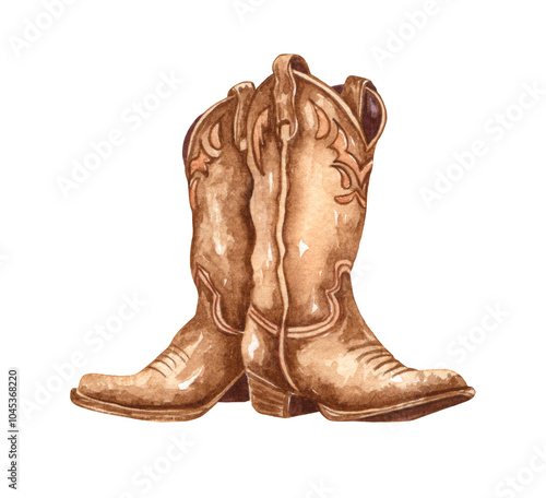 Watercolor cowboy boots. Hand painted rodeo theme design. Countryside living at Texas themed illustration. Leather ranch boots.