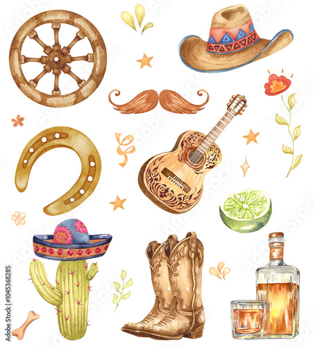 Wheel ,barrel with sunflowers and cowboy boots. Watercolor hand painted rodeo theme design. Western themed illustration. Leather ranch boots