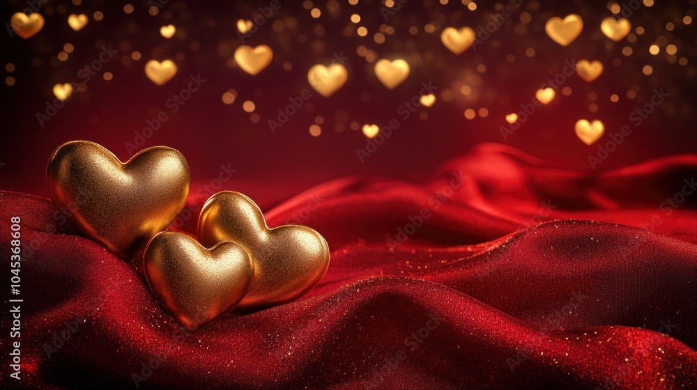 Luxurious Red Velvet Background with Golden Hearts Luxurious Red Velvet Background with Golden Hearts