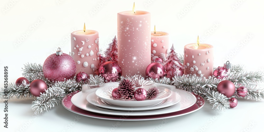 A beautiful 3D representation of a festive holiday table setting, adorned with pink candles and decorations, isolated on a bright white background A beautiful 3D representation of a festive holiday table setting, adorned with pink candles and decorations, isolated on a bright white background