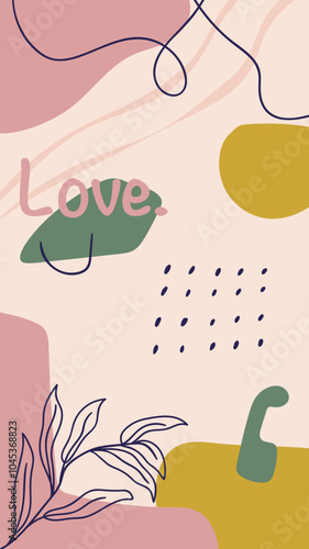 Abstract art featuring the word 'Love' with pastel green, pink, mustard shapes and linear designs, botanical leaf motif, conveying emotions and modern aesthetics.