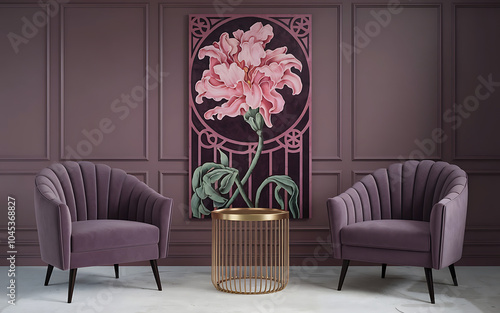 Elegant purple velvet chairs and a gold table with a pink floral art deco print   