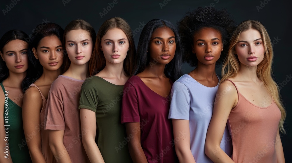 Six Women Standing in a Row Against a Dark Background Six Women Standing in a Row Against a Dark Background