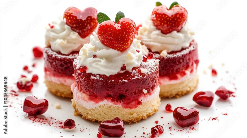 Romantic strawberry shortcake topped with whipped cream and heart-shaped decorations, isolated on white background Romantic strawberry shortcake topped with whipped cream and heart-shaped decorations, isolated on white background