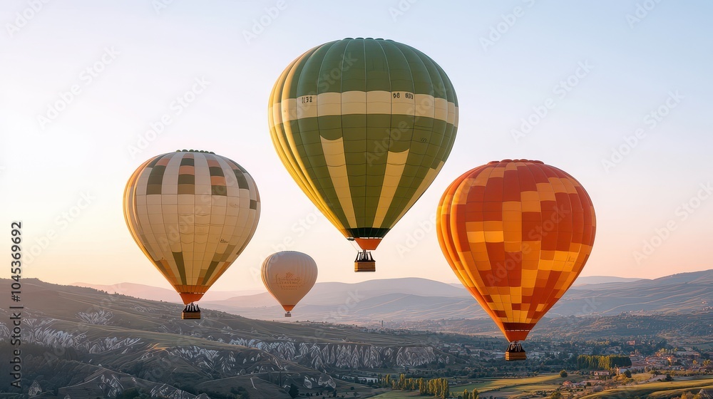 Obraz premium Colorful hot air balloons soaring above a scenic landscape during sunrise, creating a picturesque and serene atmosphere.