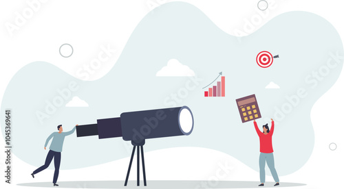 Cartoon tiny people search marketing information, analyze algorithms and statistic data with telescope.flat characters.