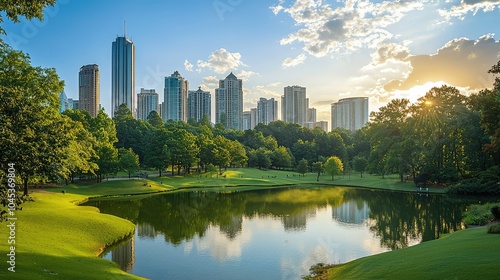 Serene Park in Bustling City Background