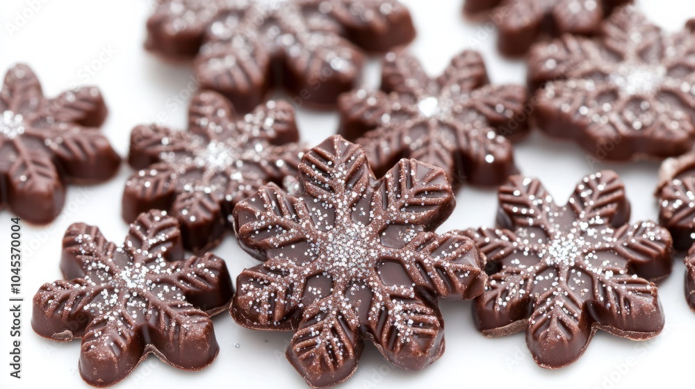 Snowflake-shaped chocolate truffles dusted with edible glitter, isolated on white background Snowflake-shaped chocolate truffles dusted with edible glitter, isolated on white background