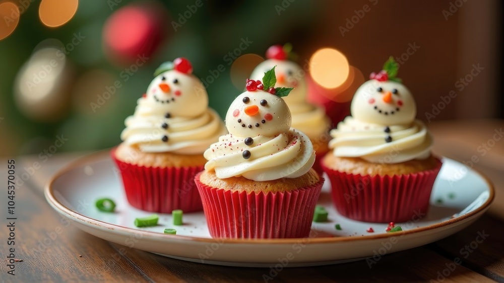 Three snowman cupcakes on a white plate with a blurred Christmas tree in the background. Festive Christmas background Three snowman cupcakes on a white plate with a blurred Christmas tree in the background. Festive Christmas background