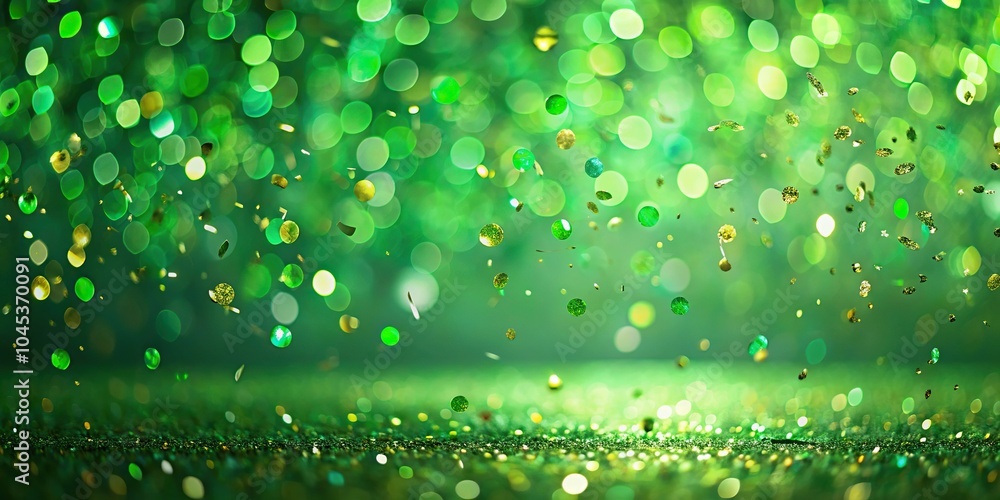 Close-Up Festive green bokeh confetti floating down on a lively green background Close-Up Festive green bokeh confetti floating down on a lively green background