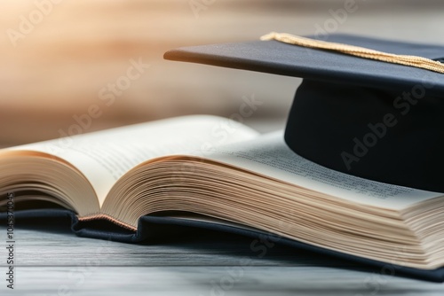 Sleek Black Graduation Cap Resting on Open Book photo