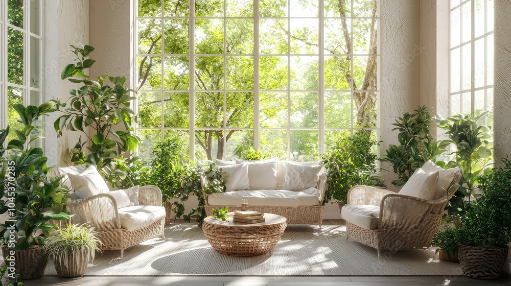 Serene Sunroom with Comfortable Furniture and Abundant Plants Serene Sunroom with Comfortable Furniture and Abundant Plants
