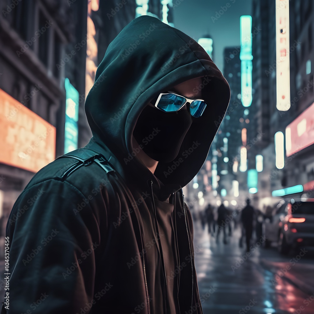Hacker with black hoodie on city background Hacker with black hoodie on city background