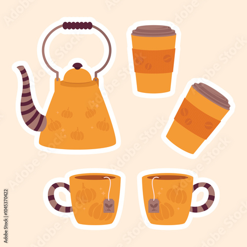 Set of cozy autumn stickers with cups and a teapot