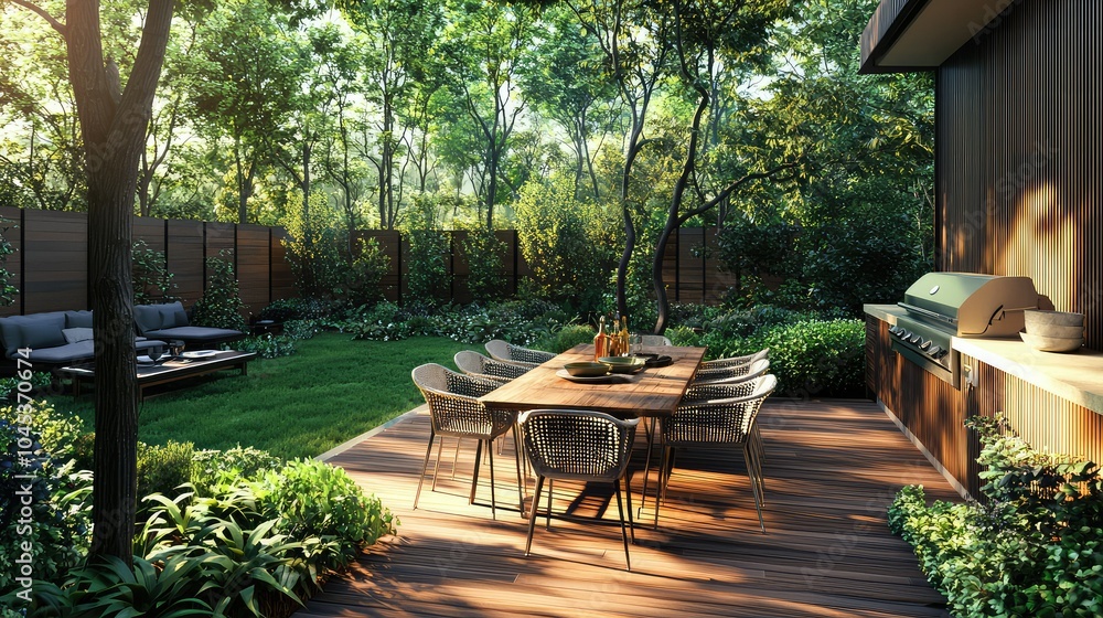 Spacious Backyard Deck with Dining Area and Grill Spacious Backyard Deck with Dining Area and Grill