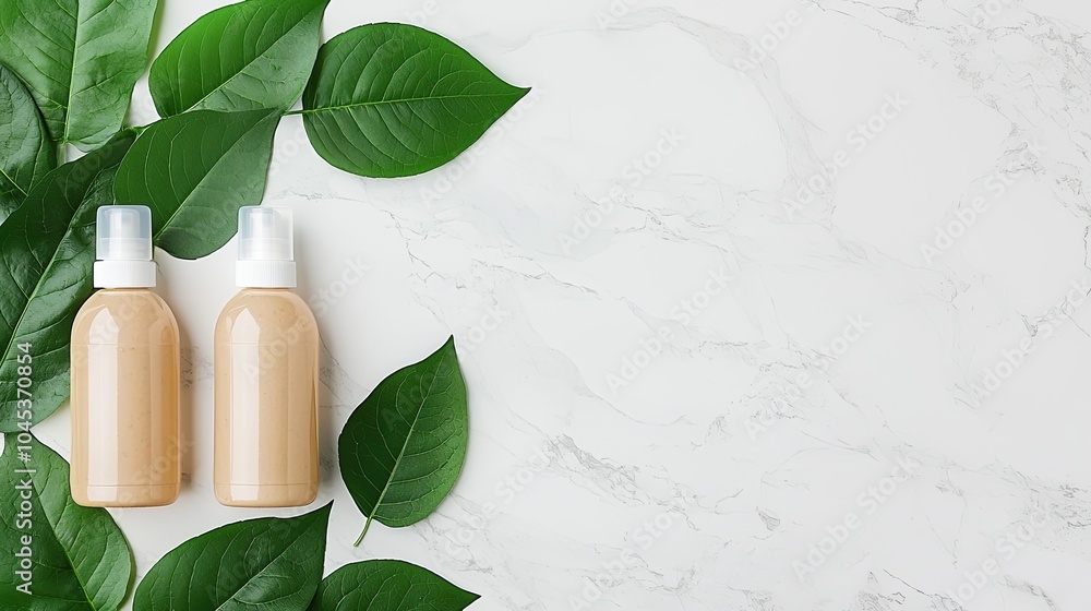 Two beige bottles are placed artistically among green leaves on a light, textured surface, conveying a natural and organic aesthetic. Two beige bottles are placed artistically among green leaves on a light, textured surface, conveying a natural and organic aesthetic.