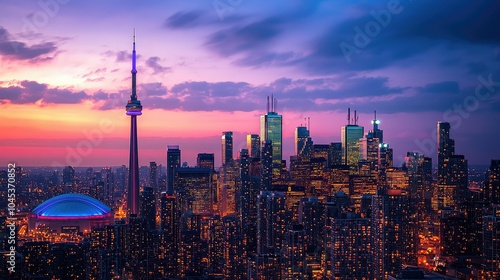 Dusk Skyline with Skyscrapers Illuminated