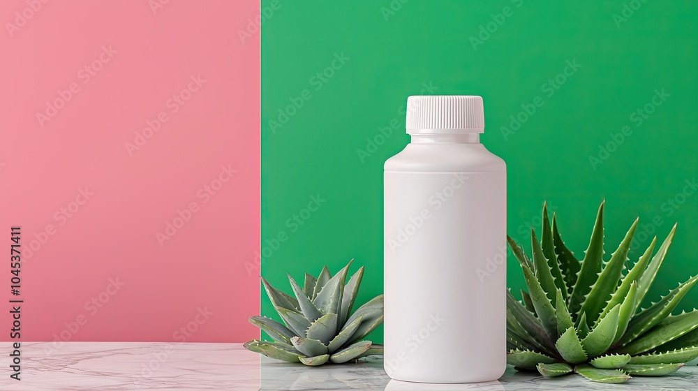 A minimalistic image featuring a white bottle near green succulents on a marble surface, with a contrasting pink and green background. A minimalistic image featuring a white bottle near green succulents on a marble surface, with a contrasting pink and green background.